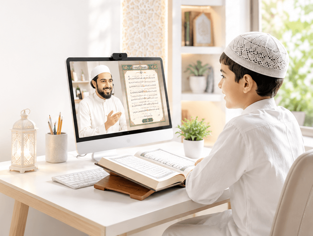 Child learning Quran online with a qualified teacher